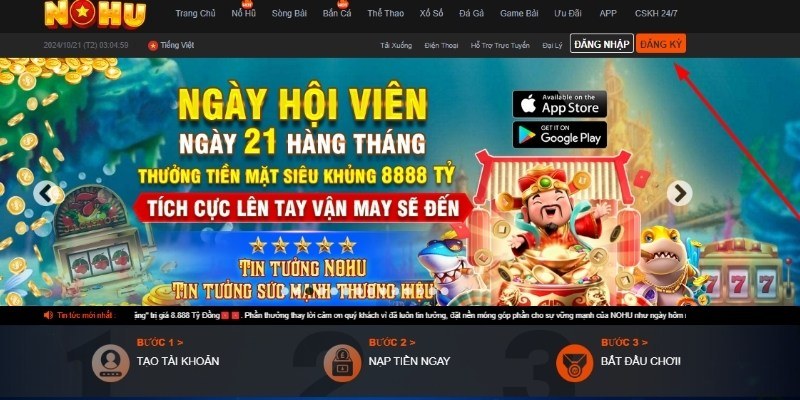 Nhìn theo mũi tên đỏ để biết cách vào trang tạo tài khoản